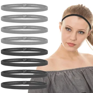 8Pcs Thin Sports Elastic Headbands, Black SkinnyHair Bands with Non-Slip Silicone Grip for Men Women Long Hair, Athletic Headbands for Yoga Basketball Football Tennis