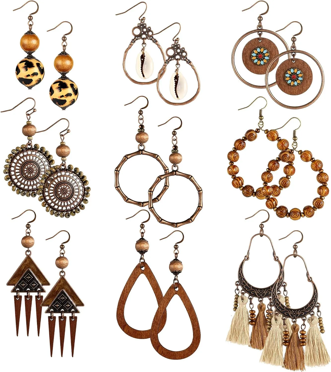 9 Pairs Boho Wood Earrings for Women Tassel Bohemian National Style Dangle Earnings Hippie Vintage Drop Boho Eardrop