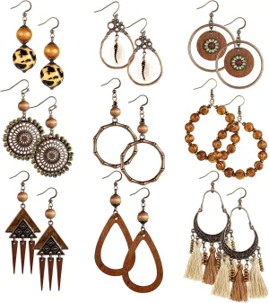 9 Pairs Boho Wood Earrings for Women Tassel Bohemian National Style Dangle Earnings Hippie Vintage Drop Boho Eardrop