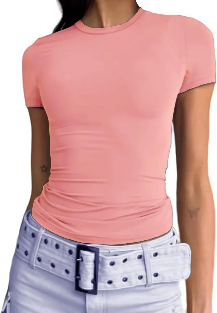 Abardsion Women's Casual Basic Going Out Crop Tops Slim Fit Short Sleeve Crew Neck Tight T Shirts 2025