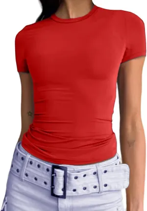 Abardsion Women's Casual Basic Going Out Crop Tops Slim Fit Short Sleeve Crew Neck Tight T Shirts 2025