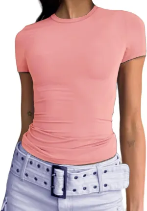 Abardsion Women's Casual Basic Going Out Crop Tops Slim Fit Short Sleeve Crew Neck Tight T Shirts 2025
