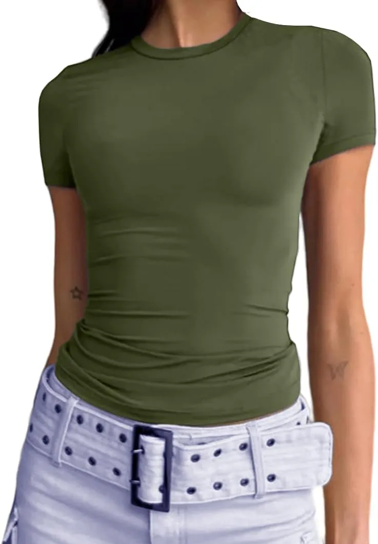 Abardsion Women's Casual Basic Going Out Crop Tops Slim Fit Short Sleeve Crew Neck Tight T Shirts 2025