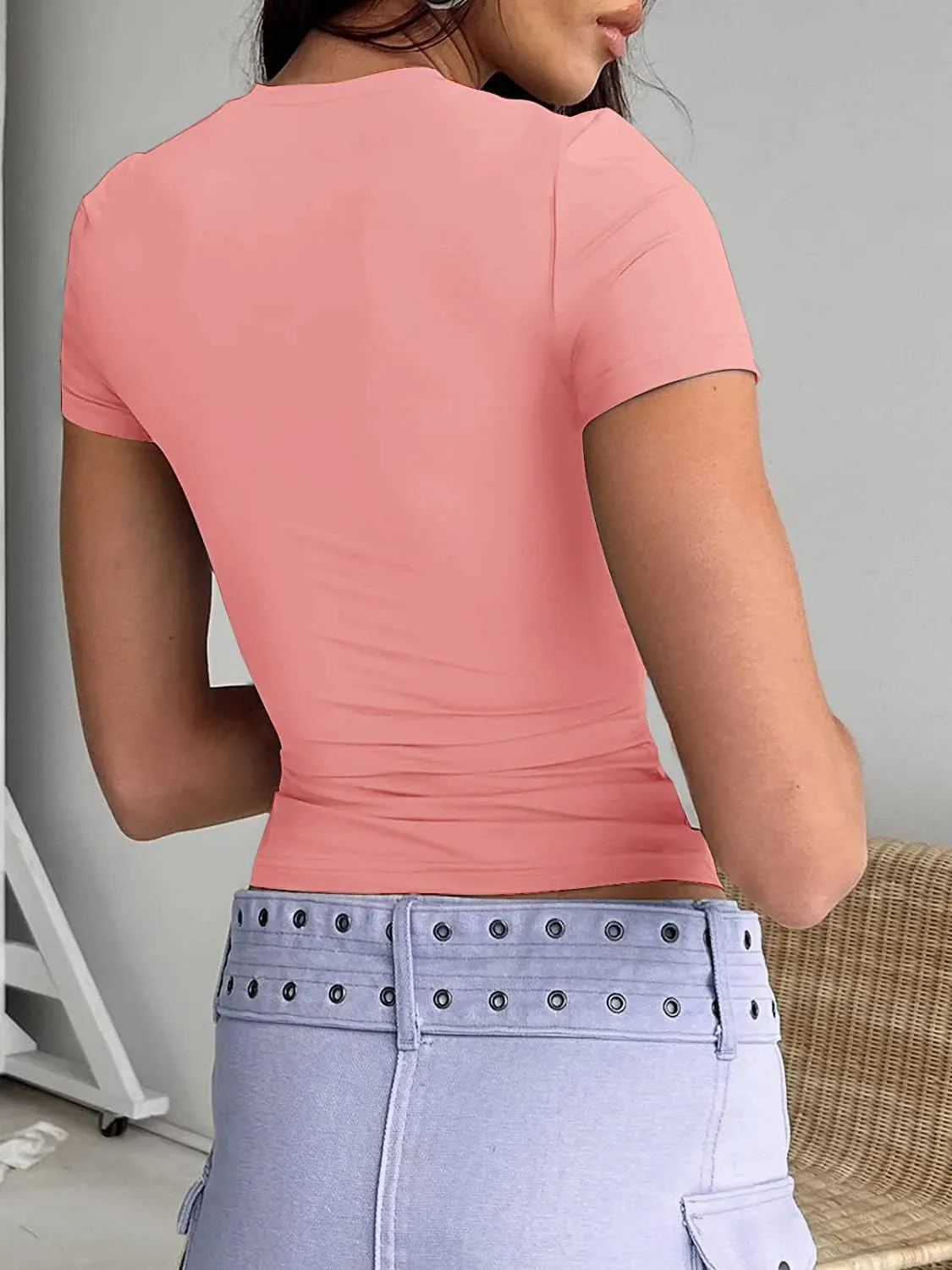 Abardsion Women's Casual Basic Going Out Crop Tops Slim Fit Short Sleeve Crew Neck Tight T Shirts 2025