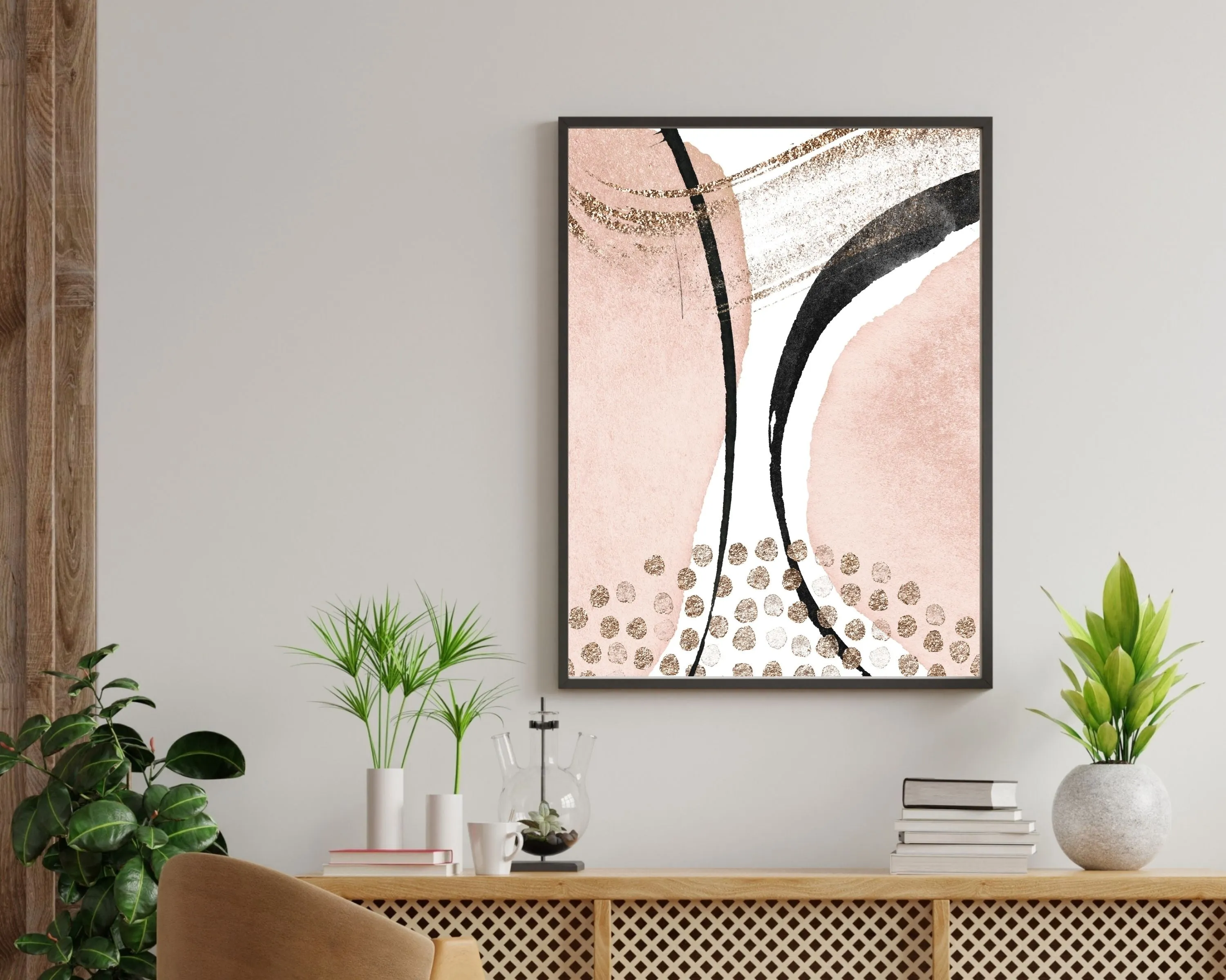 Abstract Boho Art Prints | Blush Pink Black