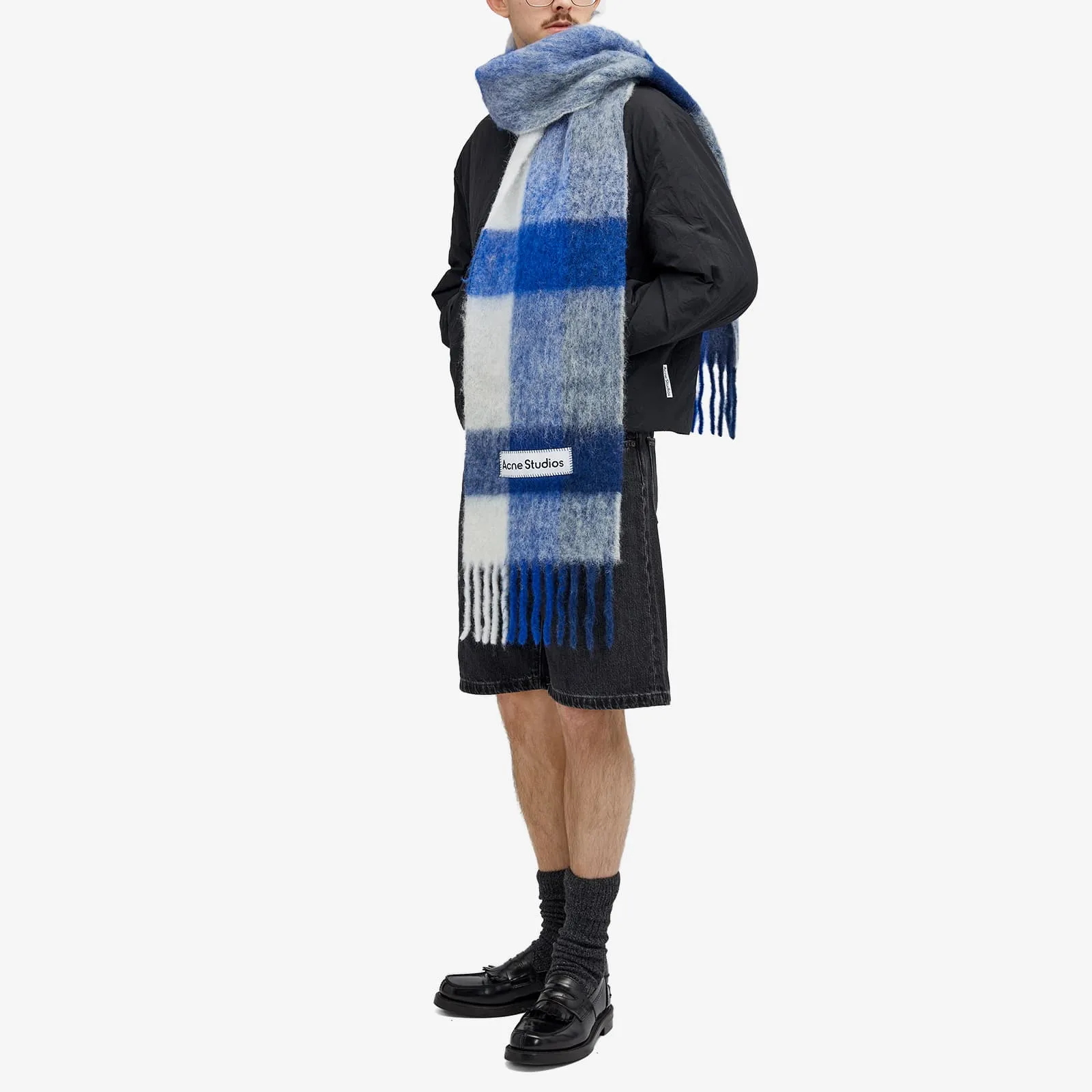 Acne Studios Vally Check Scarf in White, Gray & Royal Blue
