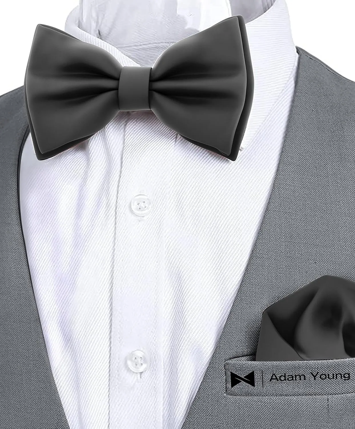 Adam Young Men's Bow Ties with Handkerchief Pre-Tied Style Formal Satin Classic Bowtie for Tuxedo Faux Silk