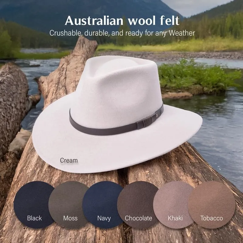 Bigalli Unisex-Adults Australian Wool Felt Teardrop Cowboy Hat - Waterproof, Crushable, Sun Protection - Chocolate