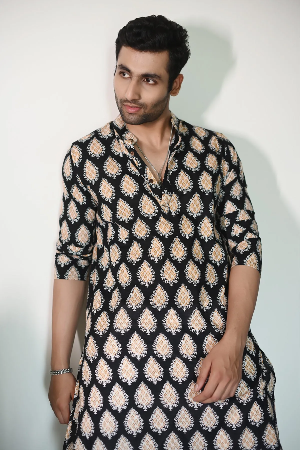 Black Yellow Paan Print Pure Cotton Long Kurta | Style Matters