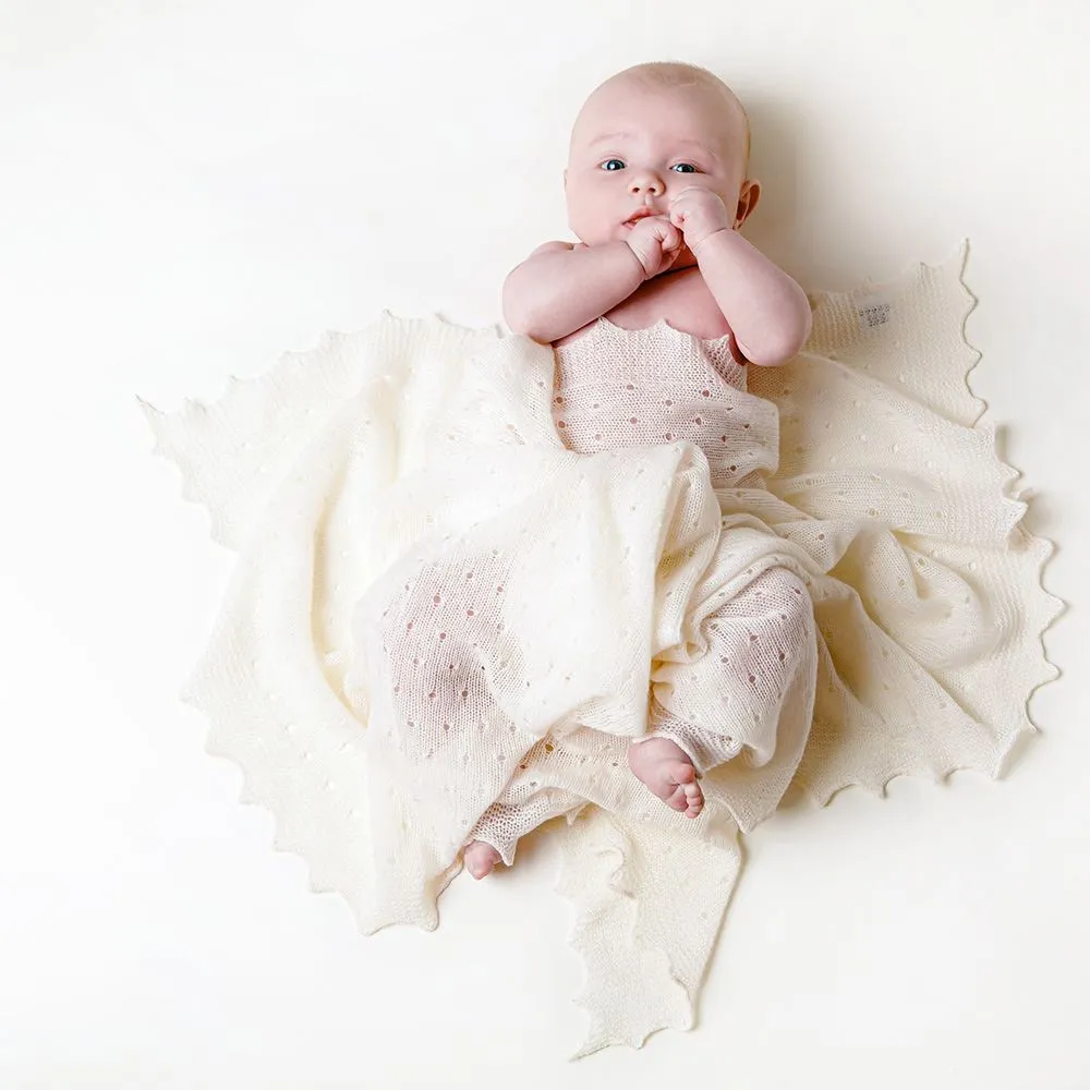 Ultra-Soft Cream Cashmere Baby Shawl with Polka Dot Design