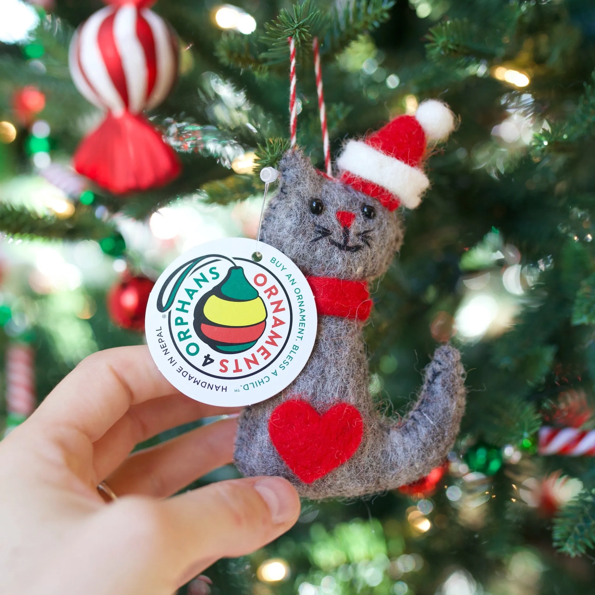 Cat in Santa Hat Ornament, Felt Wool