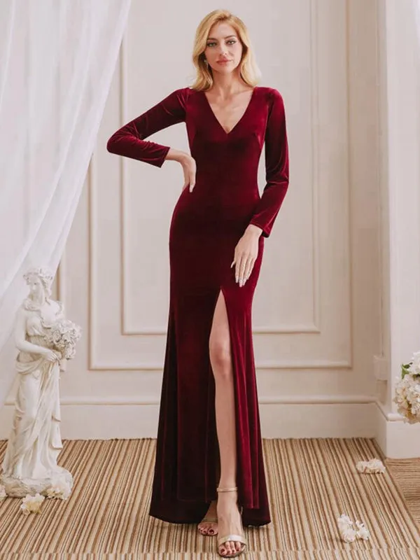 Charming Mermaid V-Neck Long Sleeves Velvet Long Bridesmaid Dresses With Slit