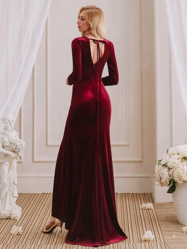 Charming Mermaid V-Neck Long Sleeves Velvet Long Bridesmaid Dresses With Slit