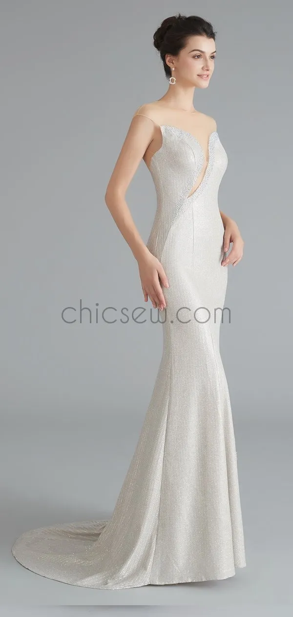 Charming Simple Sparkly Silver Blue Unique Round Neck Mermaid Modest Long Prom Dresses LMX1185