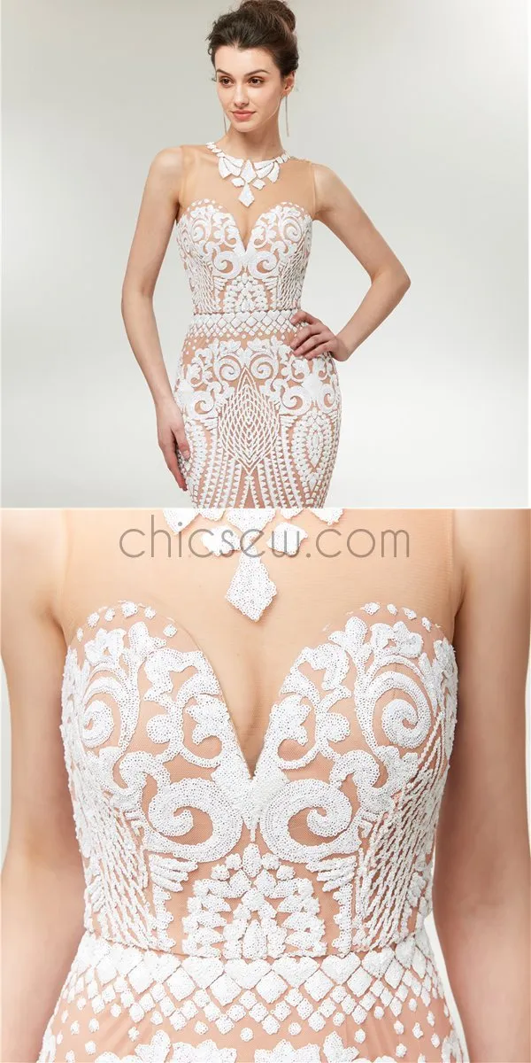 Charming Unique Round Neck Formal Sleeveless Mermaid Long Prom Dresses with Lace LMX1138