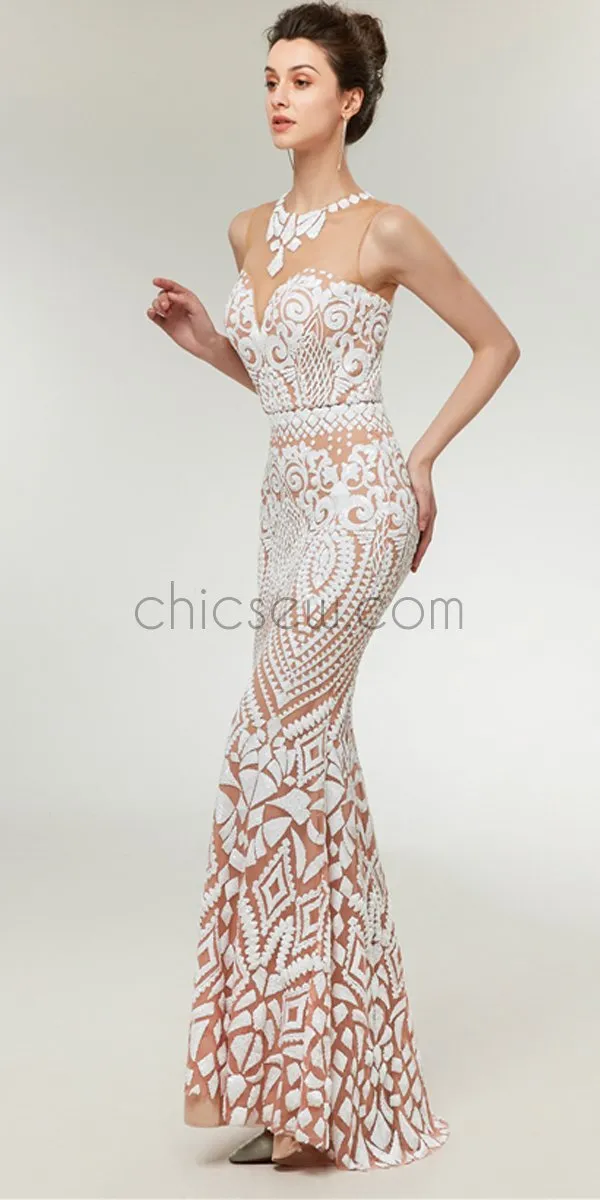 Charming Unique Round Neck Formal Sleeveless Mermaid Long Prom Dresses with Lace LMX1138