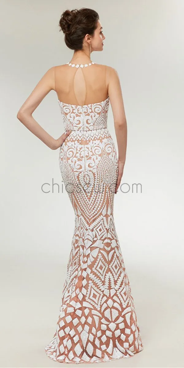 Charming Unique Round Neck Formal Sleeveless Mermaid Long Prom Dresses with Lace LMX1138