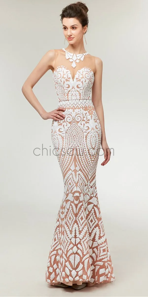 Charming Unique Round Neck Formal Sleeveless Mermaid Long Prom Dresses with Lace LMX1138