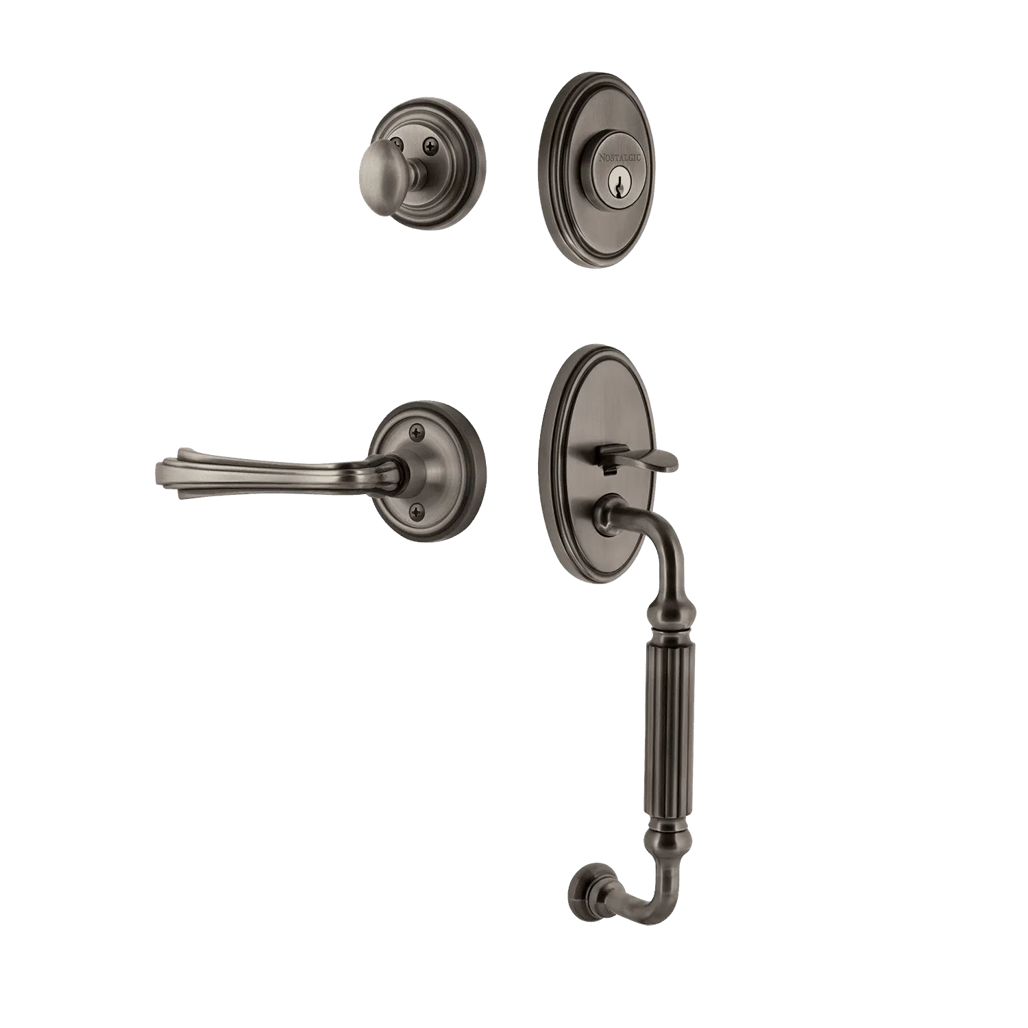 Classic Handleset with F-Grip and Classic Rosette with Fleur Lever in Antique Pewter