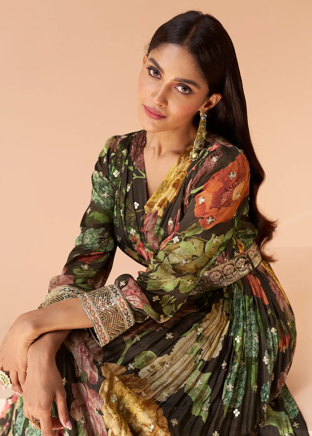 Coffee Brown Floral Printed Wedding Festive Anarkali Gown