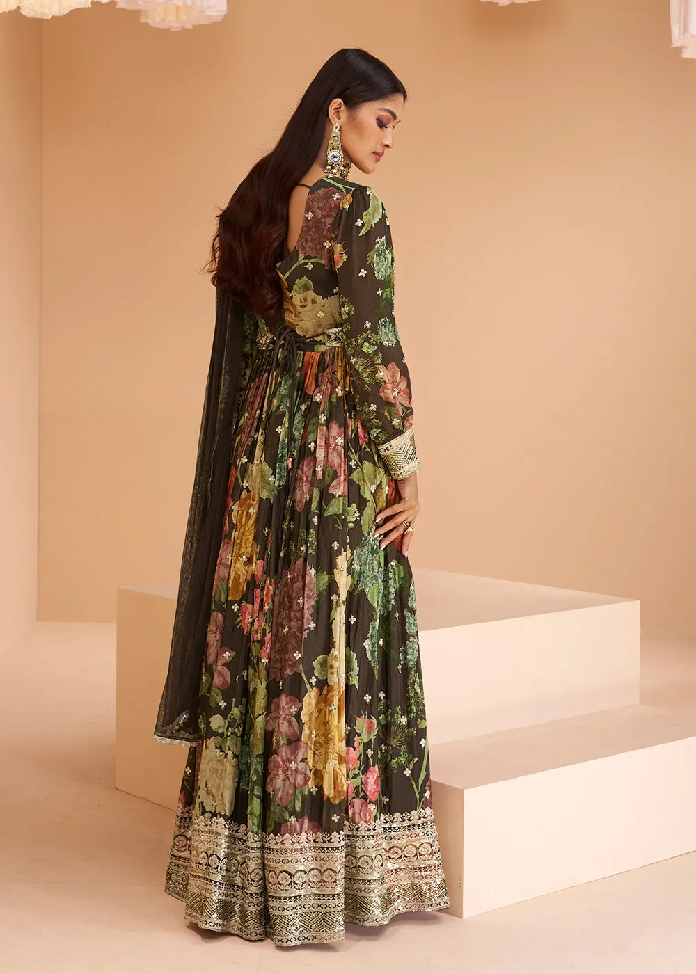 Coffee Brown Floral Printed Wedding Festive Anarkali Gown