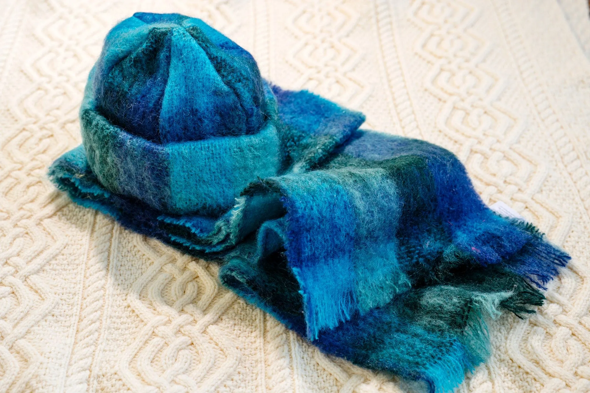 Donegal Design Mohair Hat and Scarf Set - Blue and Green