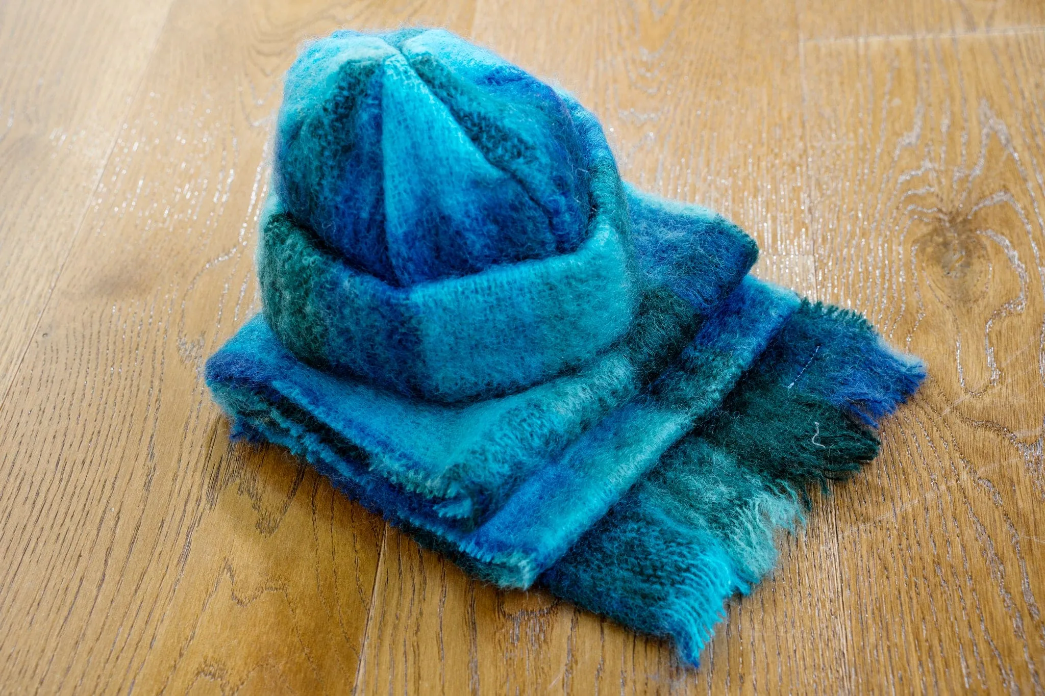 Donegal Design Mohair Hat and Scarf Set - Blue and Green