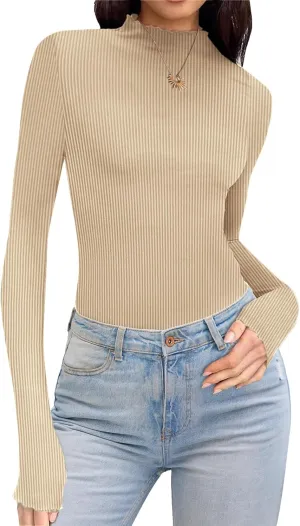 Ekouaer Turtleneck Shirt Women Ribbed Long Sleeve Shirts Lettuce Trim Mock Neck Tops Slim Fit Base Layer