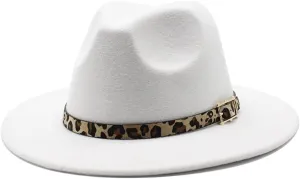 European and American Woolen Hat, Leopard Print Hat for Men and Women, Flat Brim Big Brim Jazz Felt Hat Fengyan Cowboy Hats (Color : White, Size : 58-60cm)