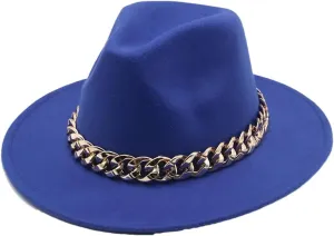 Fedora Hats Women Men Wide Brim Thick Gold Chain Band Felted Hat Jazz Cap Panama Hat Blue 60-62cm(XL)