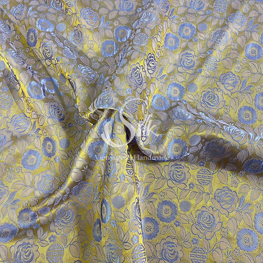 Golden Silk with Gray Flowers - Rose Pattern - PURE MULBERRY SILK fabric by the yard -  Floral Silk - Rose Silk -Luxury Silk - Natural silk - Handmade in VietNam- Silk with Design