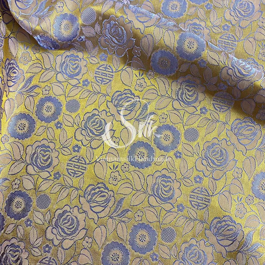 Golden Silk with Gray Flowers - Rose Pattern - PURE MULBERRY SILK fabric by the yard -  Floral Silk - Rose Silk -Luxury Silk - Natural silk - Handmade in VietNam- Silk with Design