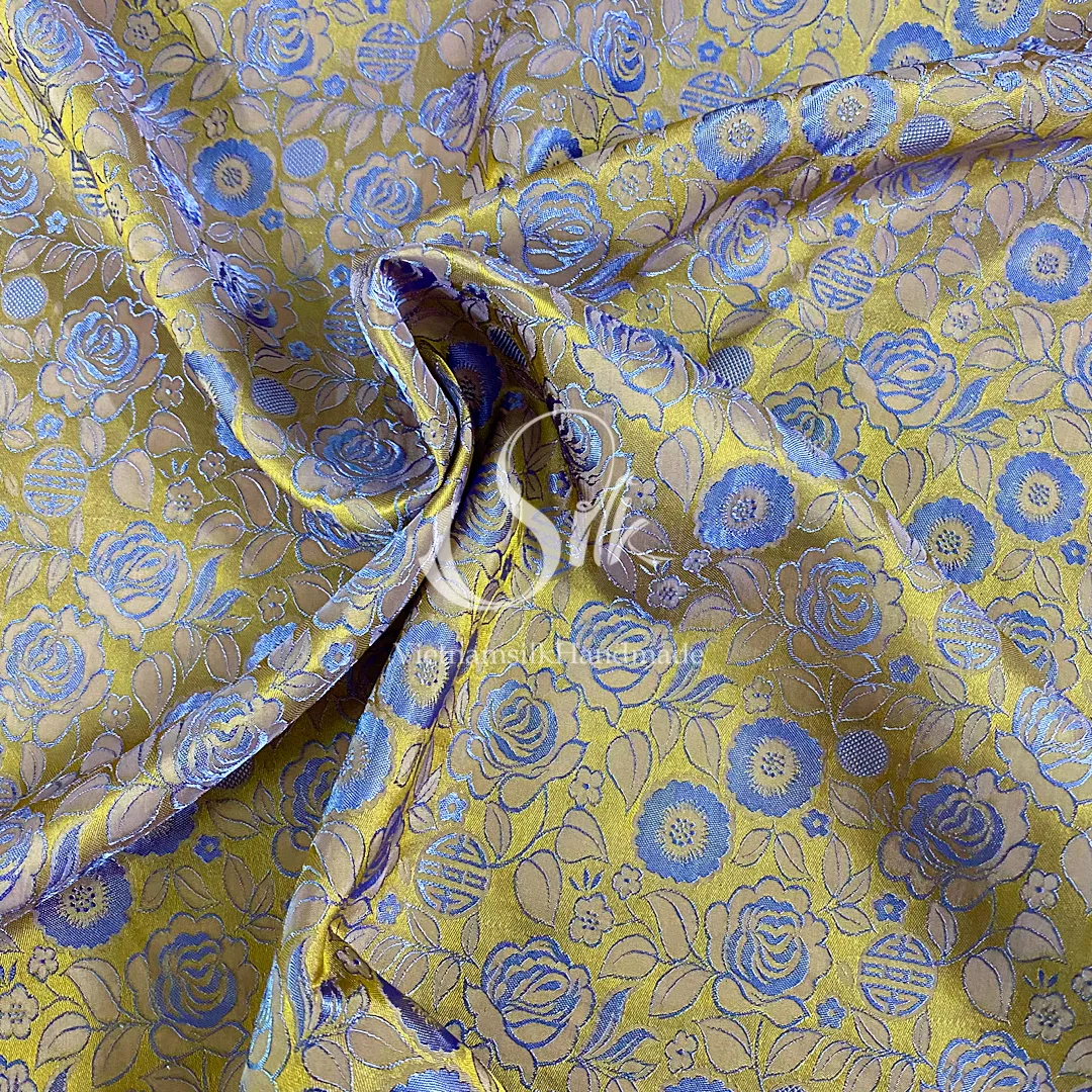 Golden Silk with Gray Flowers - Rose Pattern - PURE MULBERRY SILK fabric by the yard -  Floral Silk - Rose Silk -Luxury Silk - Natural silk - Handmade in VietNam- Silk with Design