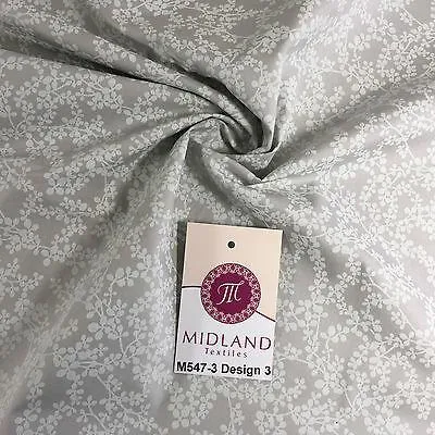 Grey And White Floral Printed 100% Cotton Poplin Craft Fabric 45" M547