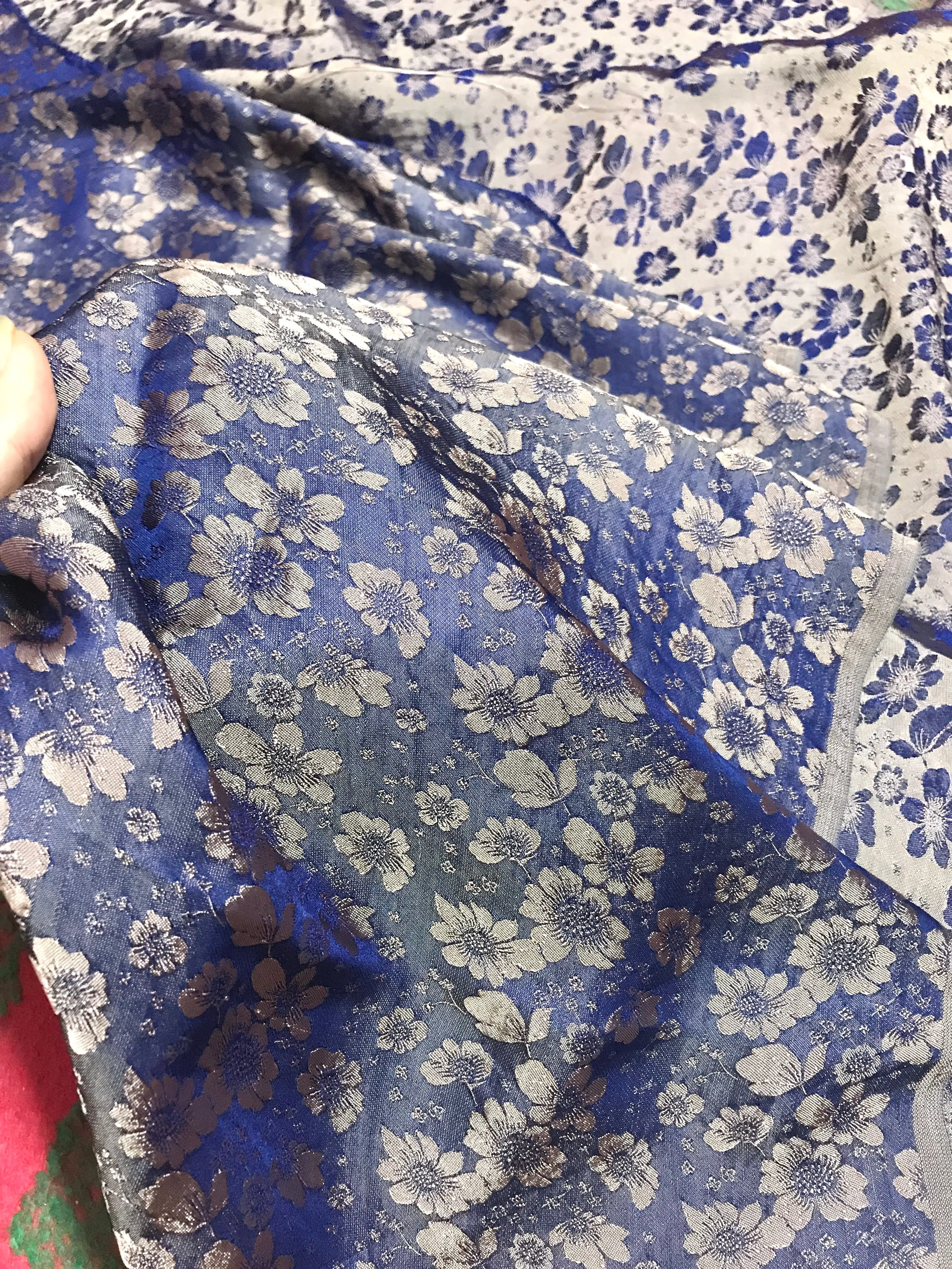 Grey flowers on Navy silk - PURE MULBERRY SILK fabric by the yard - Denim silk with flowers - Floral Silk -Luxury Silk - Natural silk - Handmade in VietNam