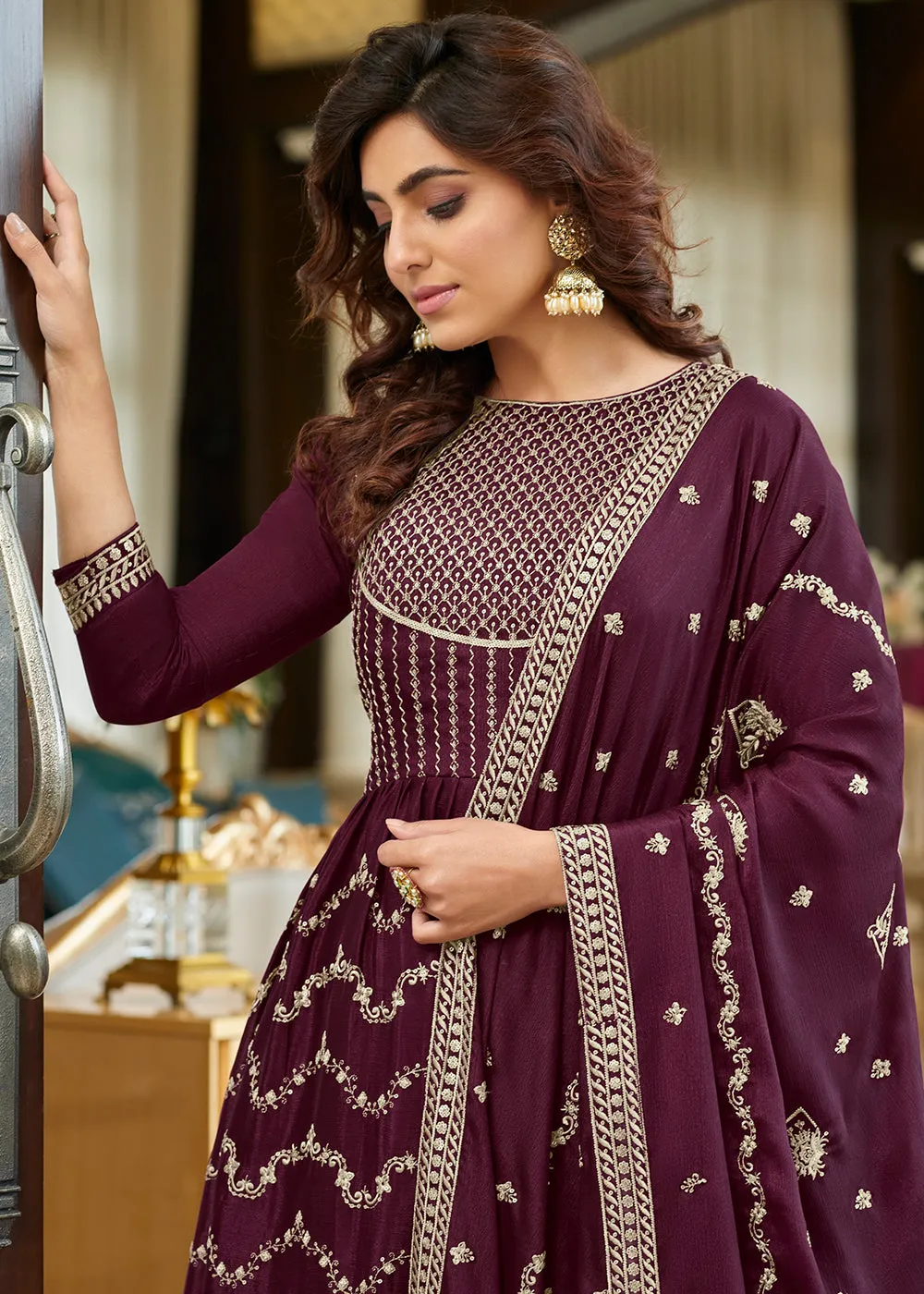 Heavy Chinon Plum Purple Sequins Festive Gharara Suit