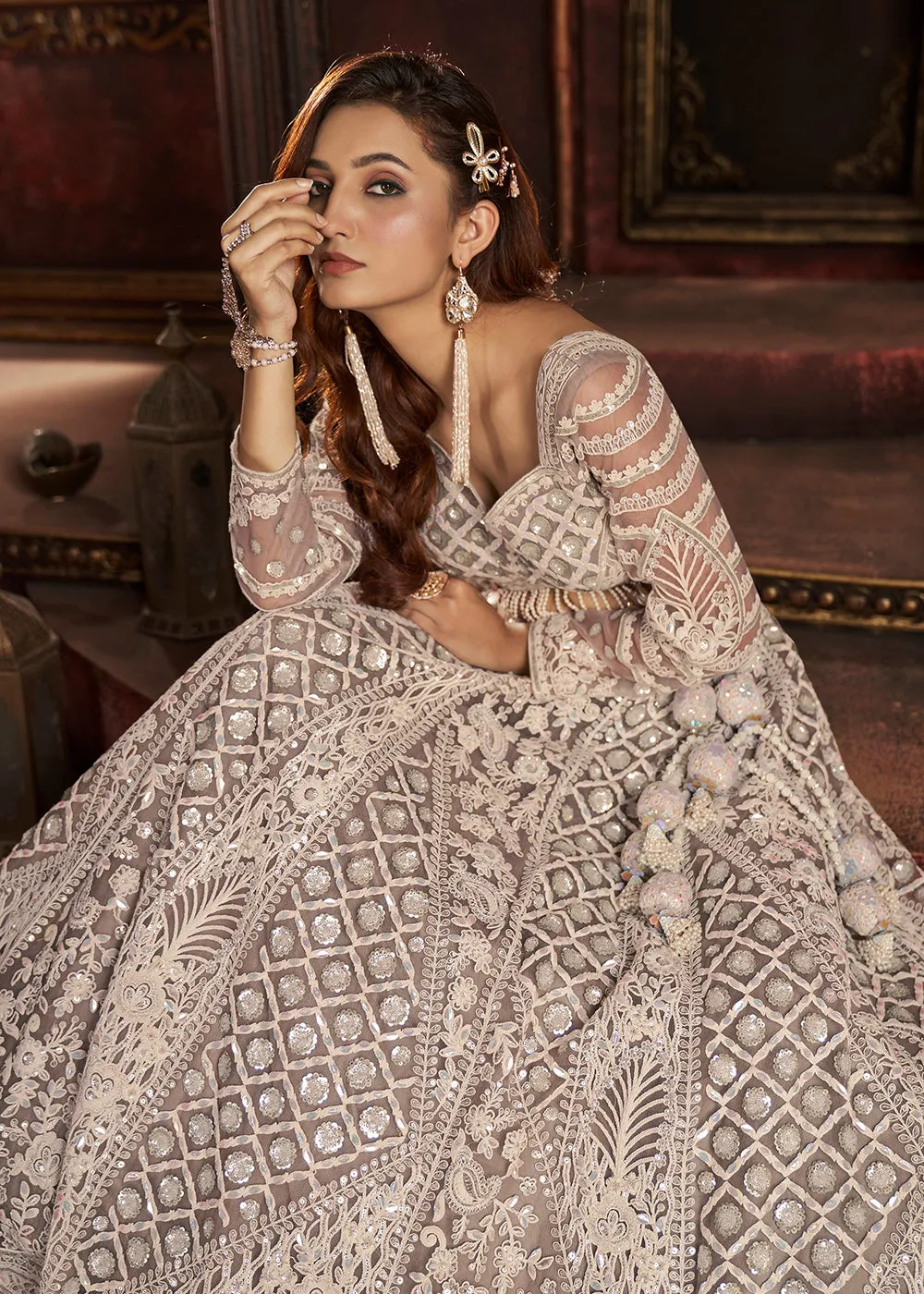 Heavy Embroidered Grey Ivory Net Bridal Lehenga Choli