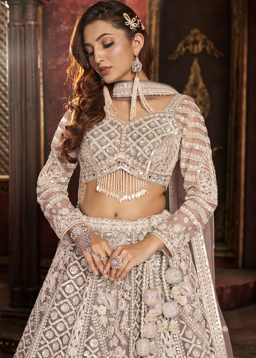 Heavy Embroidered Grey Ivory Net Bridal Lehenga Choli