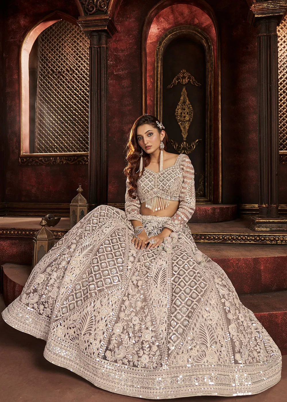 Heavy Embroidered Grey Ivory Net Bridal Lehenga Choli