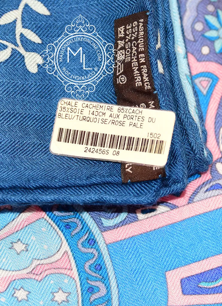 Hermes "Aux Portes du Palais" Bleu Turquoise Rose Cashmere 140 GM Shawl Scarf