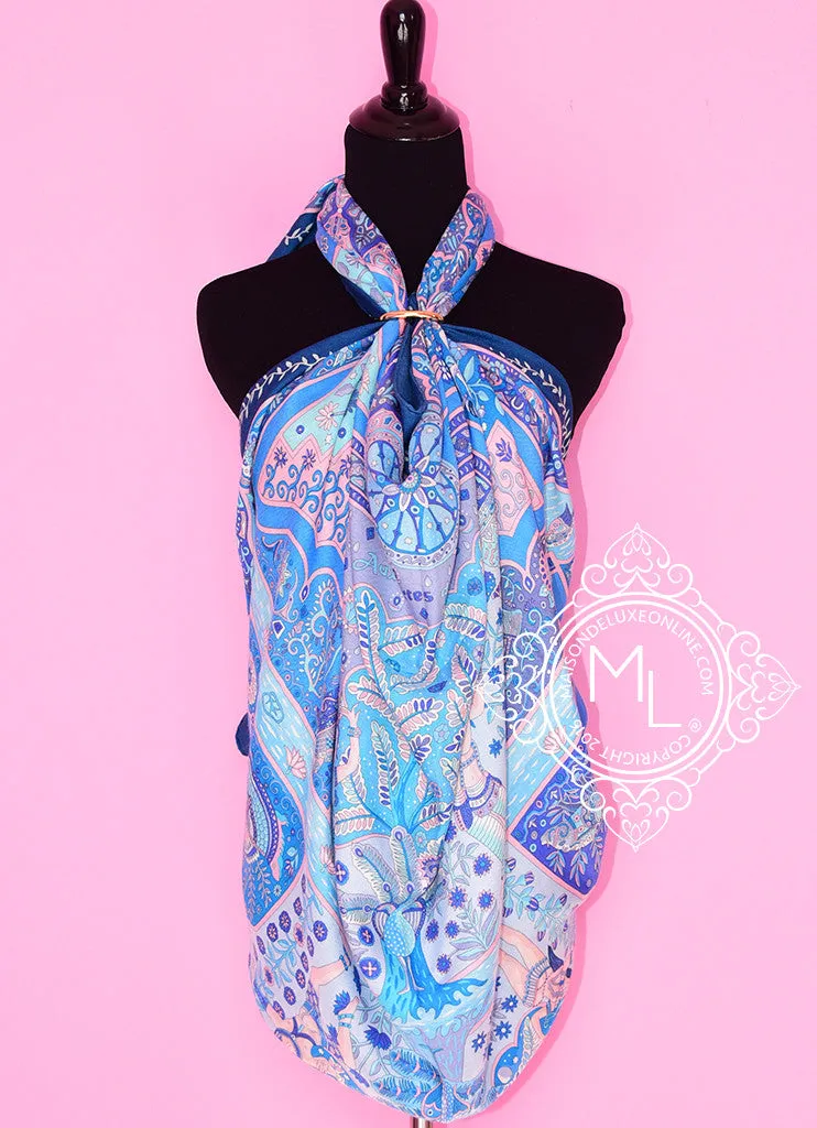 Hermes "Aux Portes du Palais" Bleu Turquoise Rose Cashmere 140 GM Shawl Scarf