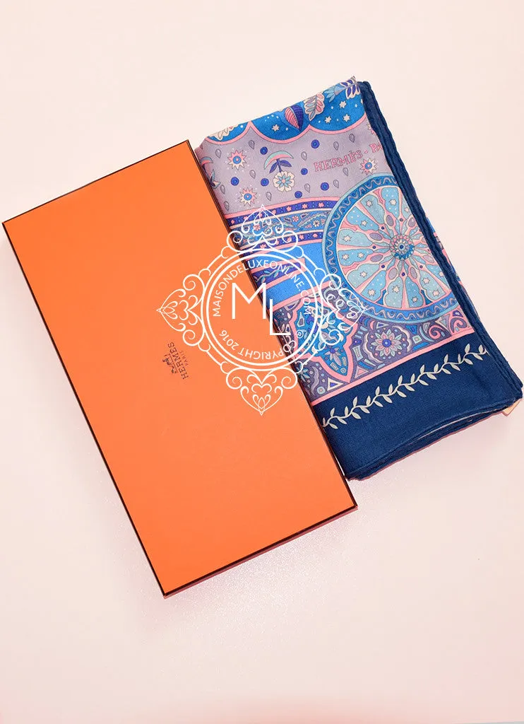 Hermes "Aux Portes du Palais" Bleu Turquoise Rose Cashmere 140 GM Shawl Scarf