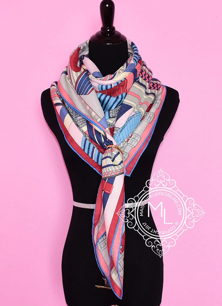 Hermes "Sangles en Zigzag" Red Blue Cashmere 140 GM Shawl Scarf