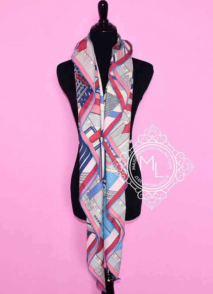 Hermes "Sangles en Zigzag" Red Blue Cashmere 140 GM Shawl Scarf
