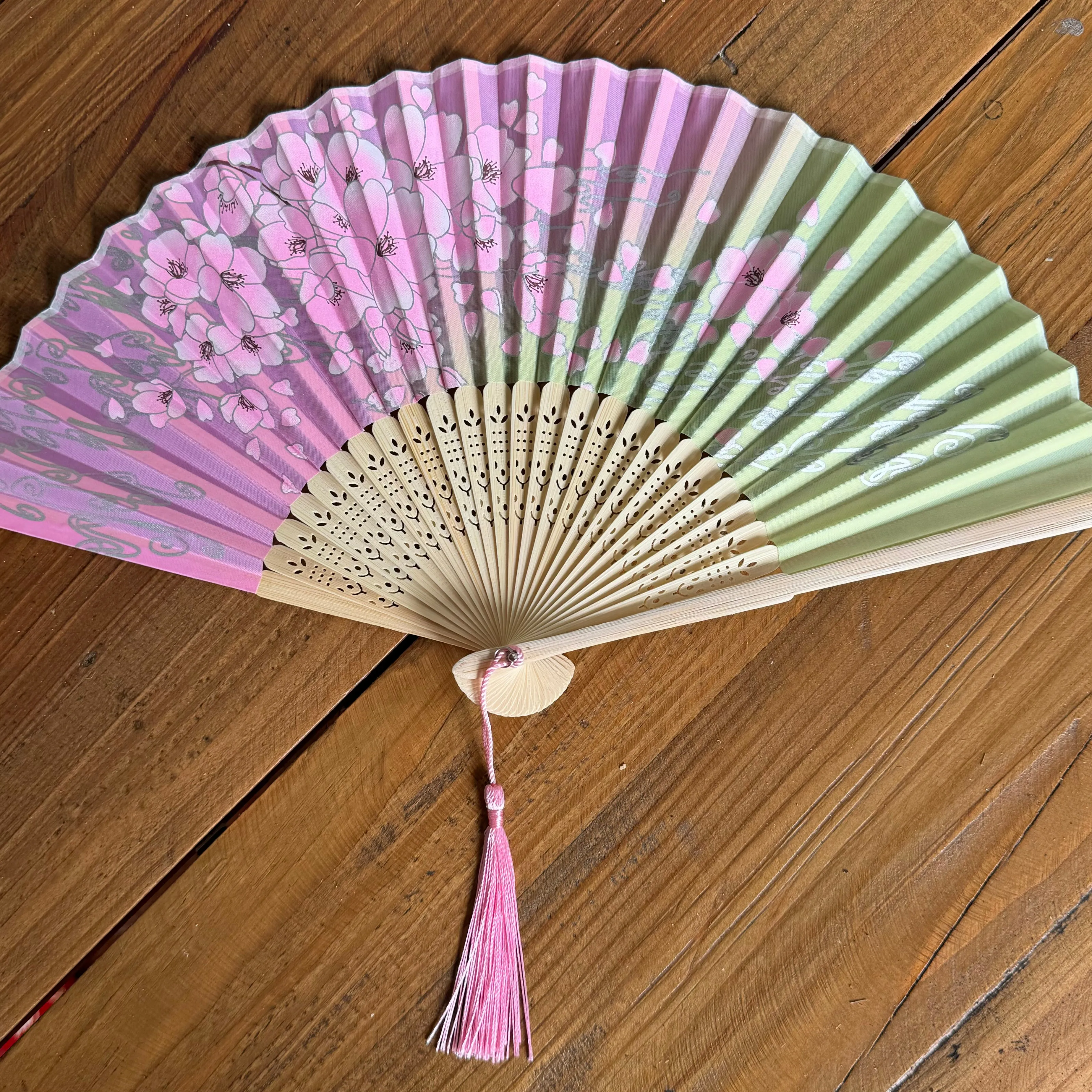 Luxury Bamboo Silk Fan - Green/Pink Blossoms
