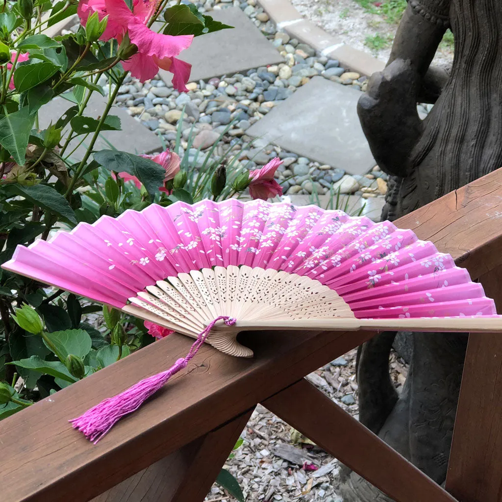 Luxury Bamboo Silk Fan - Pink Cherry Blossoms