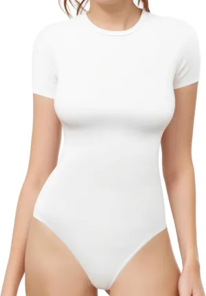 MANGOPOP Women's Crew Neck Short Sleeve Bodysuit Long Sleeve T Shirts Basic Tops