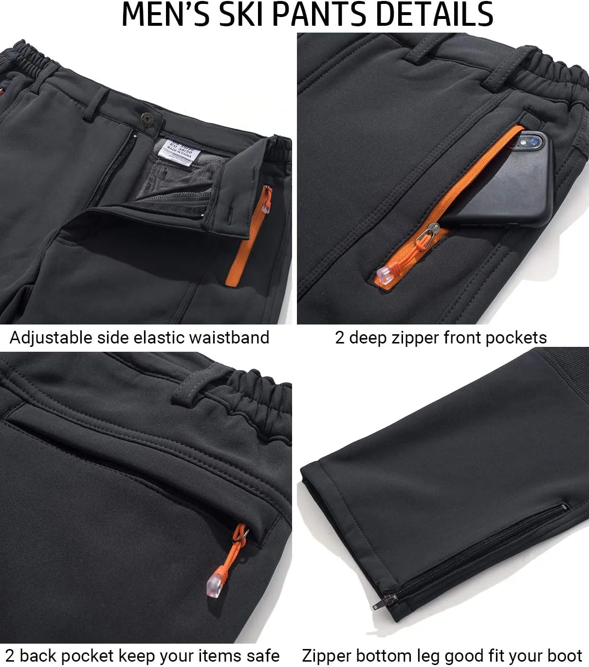 Men's Warm Ski Hiking Pants Softshell Fleece Lined Winter Outdoor Windproof Waterproof Trousers