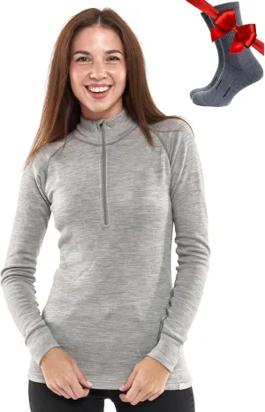 Merino Wool Base Layer Women - 100% Merino Half Zip Sweater Women Lite, Midweight, Heavyweight Thermal Shirts and Socks