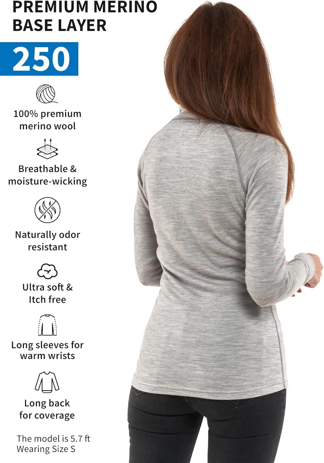 Merino Wool Base Layer Women - 100% Merino Half Zip Sweater Women Lite, Midweight, Heavyweight Thermal Shirts and Socks